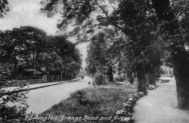 Darlington and Stockton Times: Looking south down Grange Road with the Crocus Walk on the right hand side. This part of Joseph Pease's Southend estate was developed in the 1890s. On the left is the entrance to the Beechwood mansion which is where Sainsbury's is today